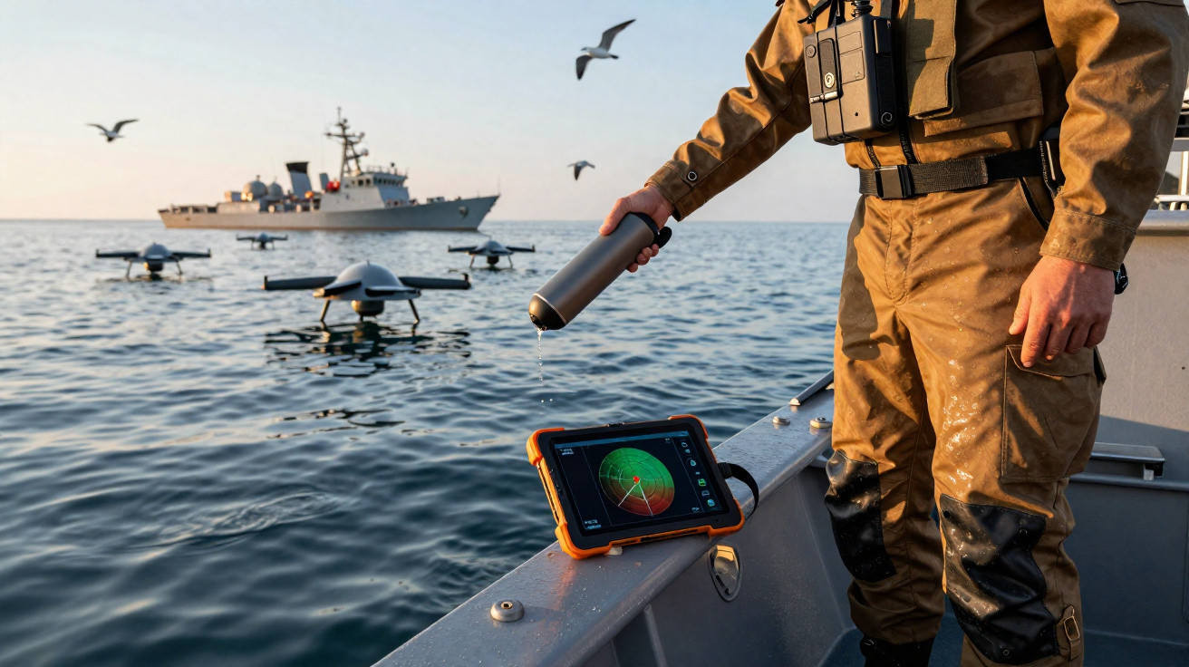 Person on boat using tablet and device to control drones near a naval ship on calm sea at sunset.