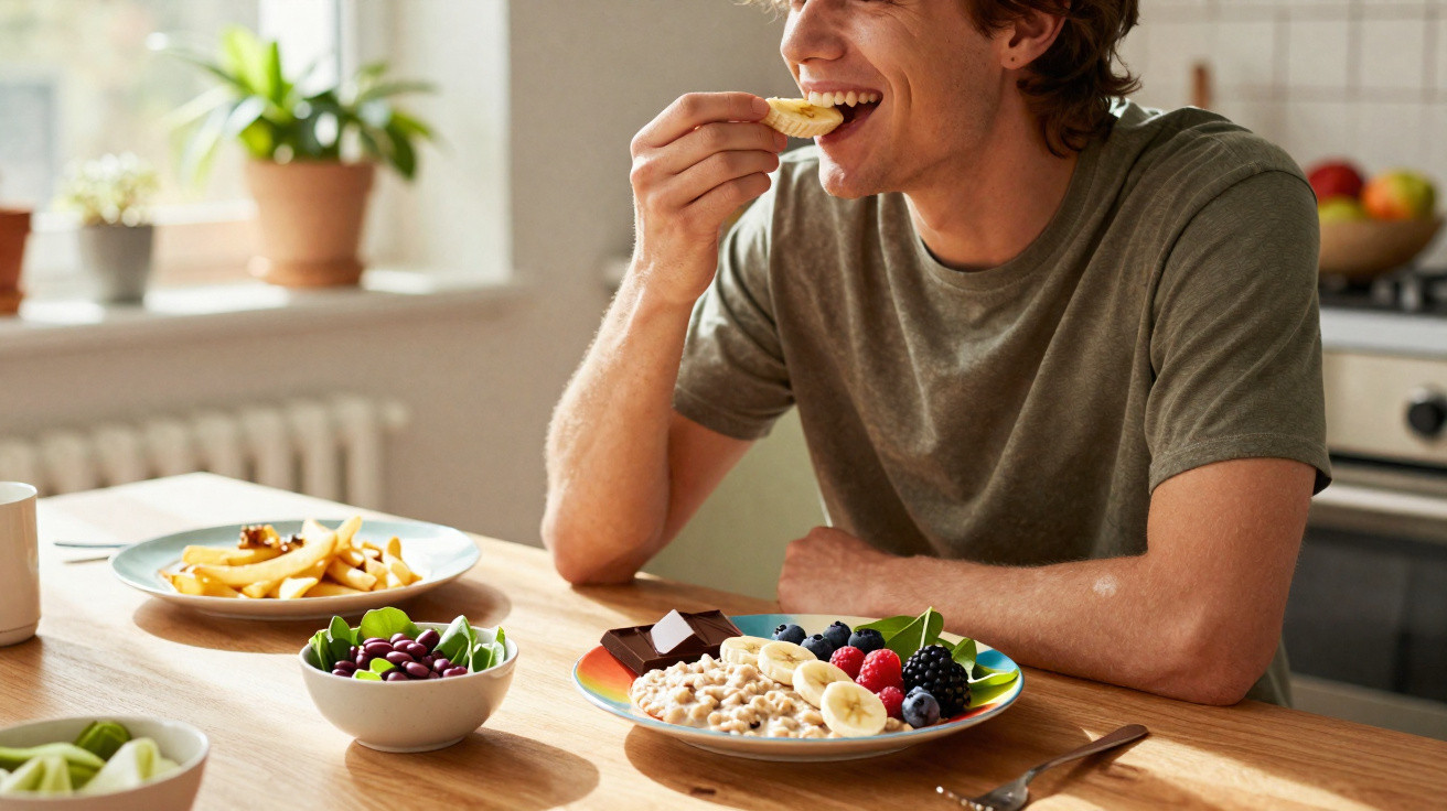 Young man eating a biscuit at a kitchen table with cereal, fruit, chocolate, and snacks.
