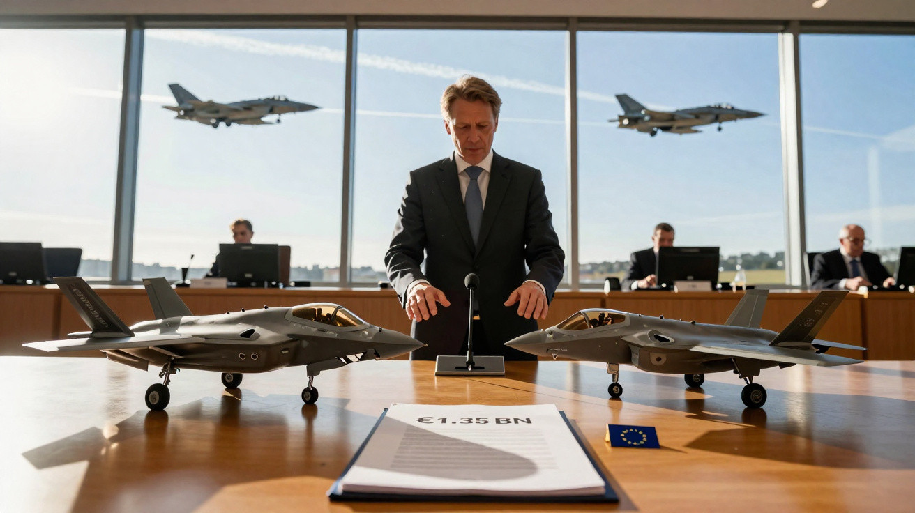 Man in suit stands behind table with jet models and EU flag, fighter jets fly outside large windows behind him.
