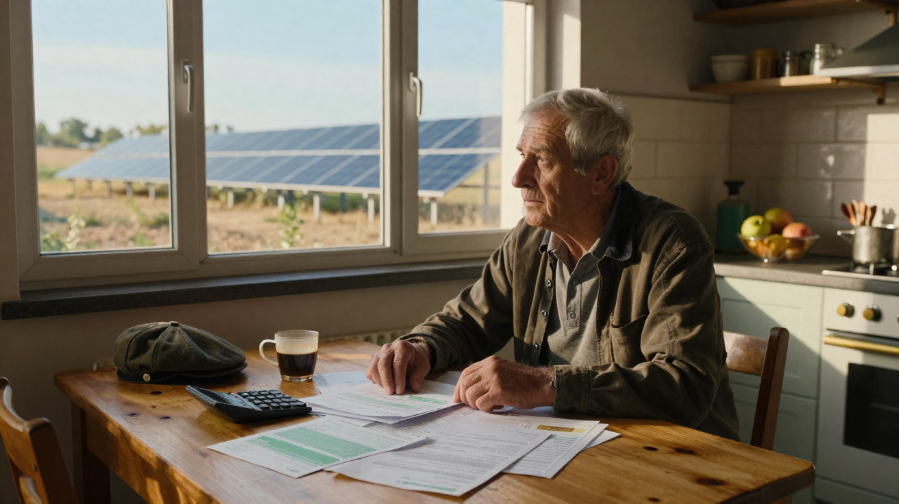 Elderly man sitting at a kitchen table looking out window at solar panels while reviewing bills and paperwork.