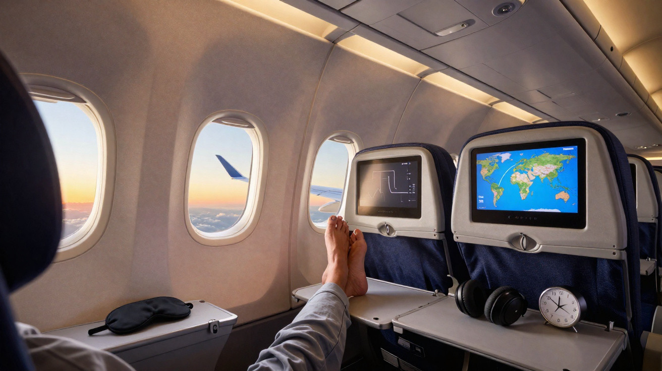 Passenger with feet up on tray table inside airplane cabin, showing in-flight entertainment screens and window views.