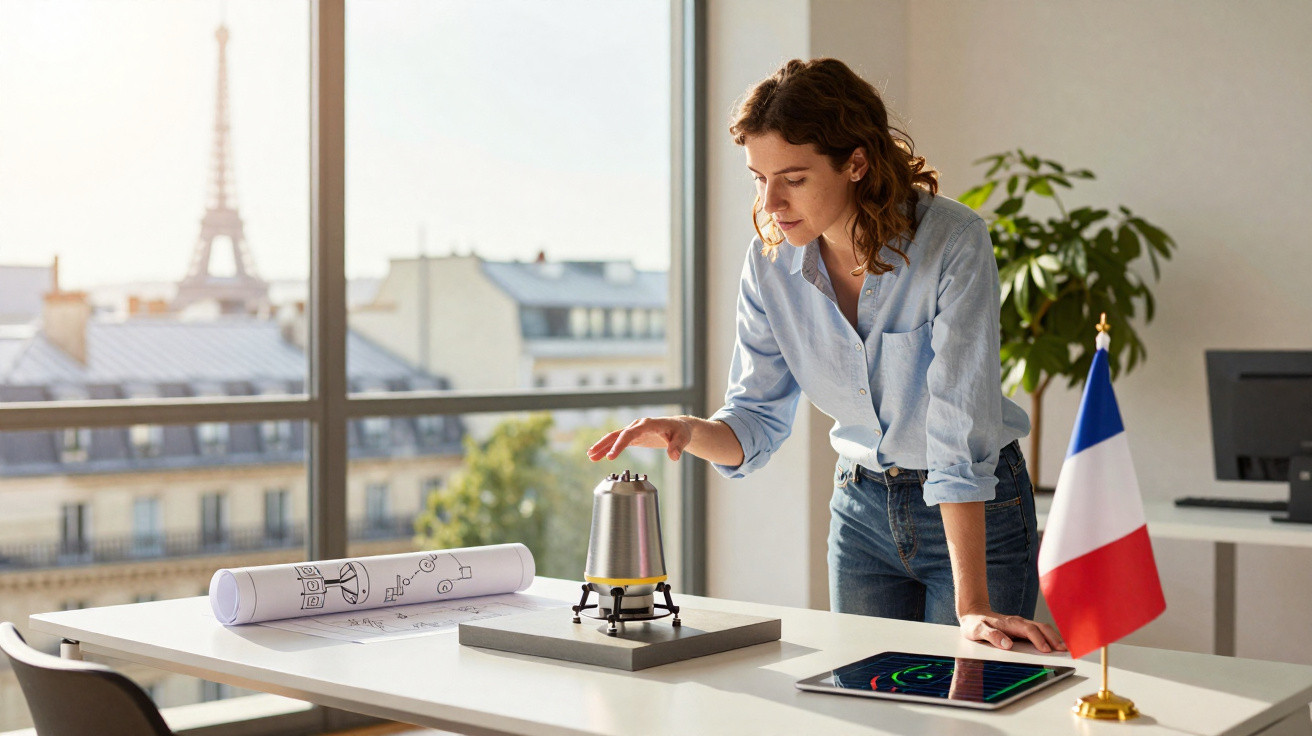 Woman examining a small rocket engine model on a desk with a French flag and Eiffel Tower visible outside the window.