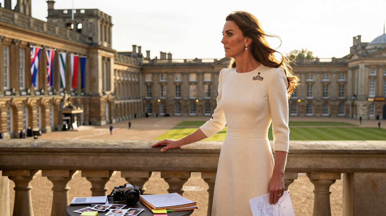 Woman in cream dress standing by stone railing with a camera, papers, and historic building in background at sunset