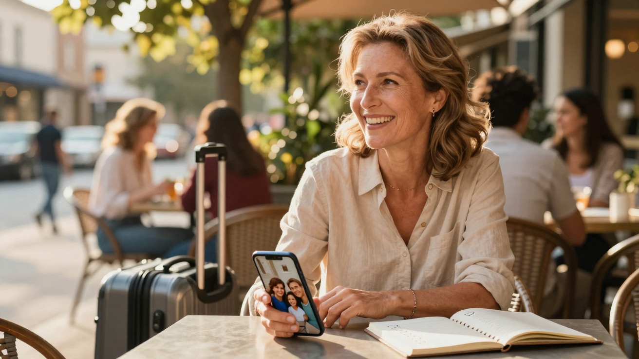 Woman sitting at outdoor cafe table with suitcase, holding phone and smiling, open notebook in front of her