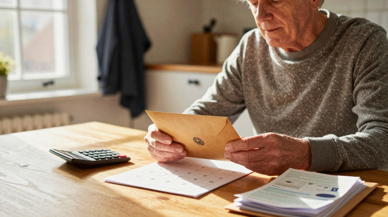 Elderly person sitting at a table, reading a brown envelope with bills and calculator nearby.