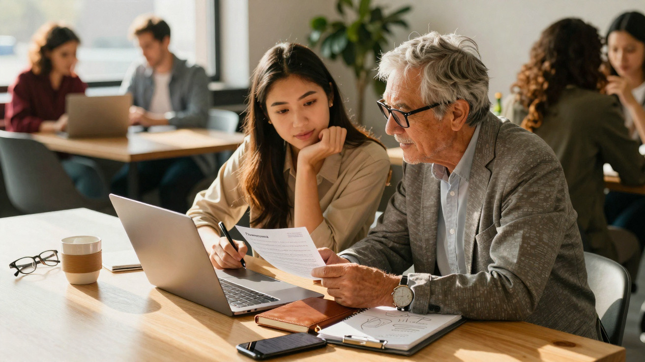 Older man explaining document to younger woman at a table with laptop in a busy office environment.