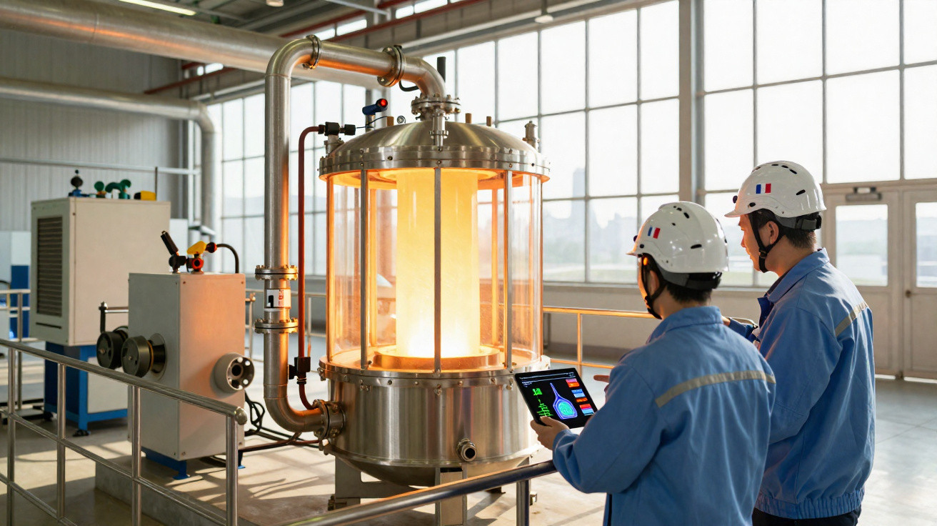 Two engineers in safety helmets monitoring a glowing industrial machine in a bright factory setting.