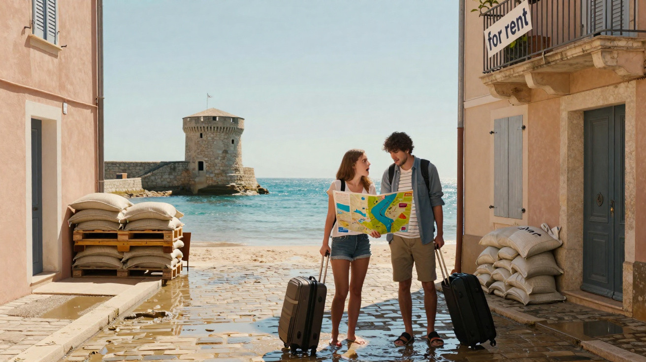 Couple with suitcases and map standing on wet stone street near sea and old stone tower in sunny coastal town.
