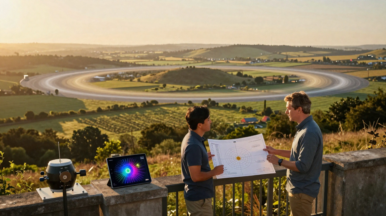 Two men studying a solar system model outdoors with a futuristic ringed planet in the background.