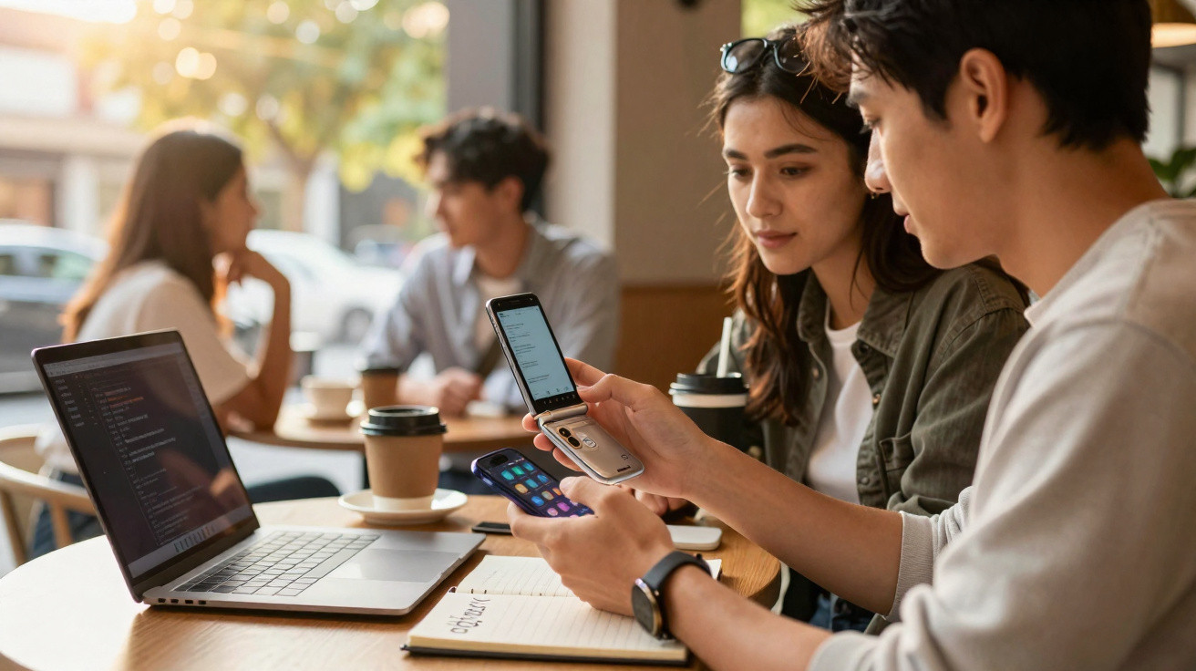 Two young adults using a flip phone and smartphone while sitting at a table with a laptop and coffee in a café.