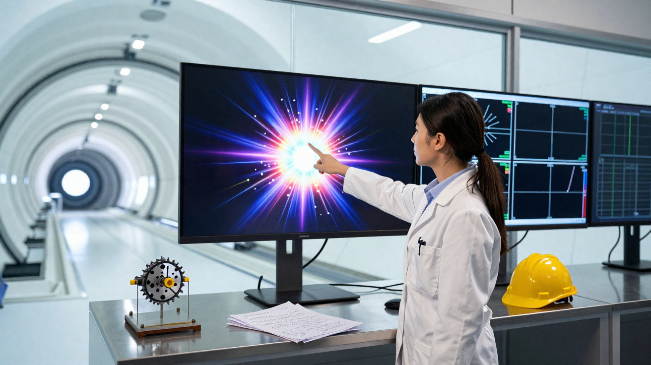 Scientist in lab coat pointing at colourful particle explosion on monitor in a high-tech laboratory setting.