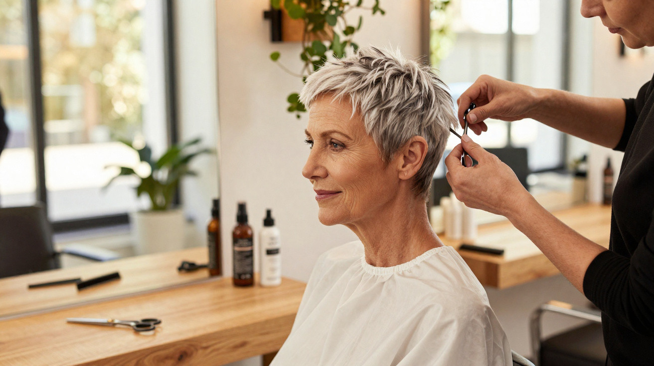 A mature woman with short grey hair getting a haircut in a bright, modern salon.