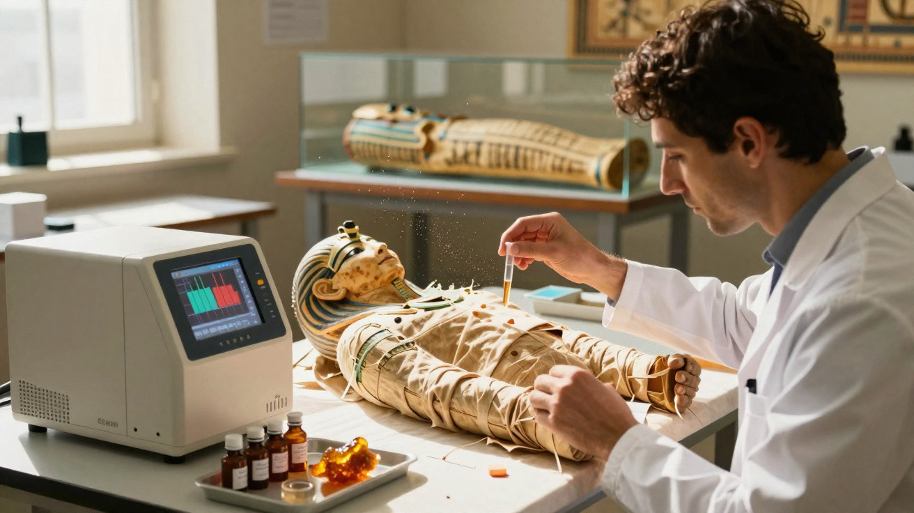 Scientist in lab coat examining an ancient Egyptian mummy with test tubes and a monitoring device on a table.