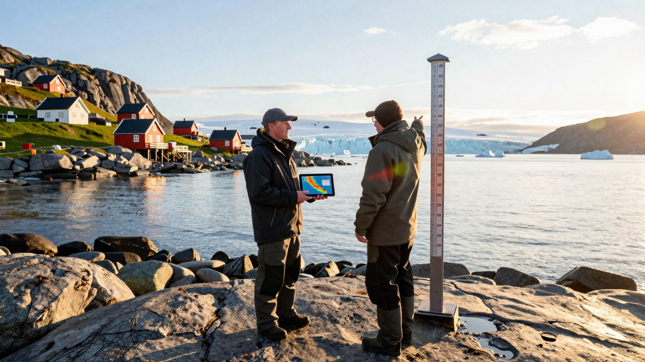 Two researchers measuring sea level on rocky Arctic shore with iceberg and colourful houses in background at sunset.