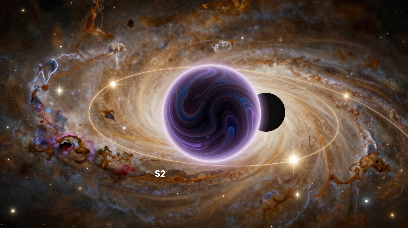 Swirling purple gas giant with rings and dark moon against a colourful cosmic nebula backdrop.