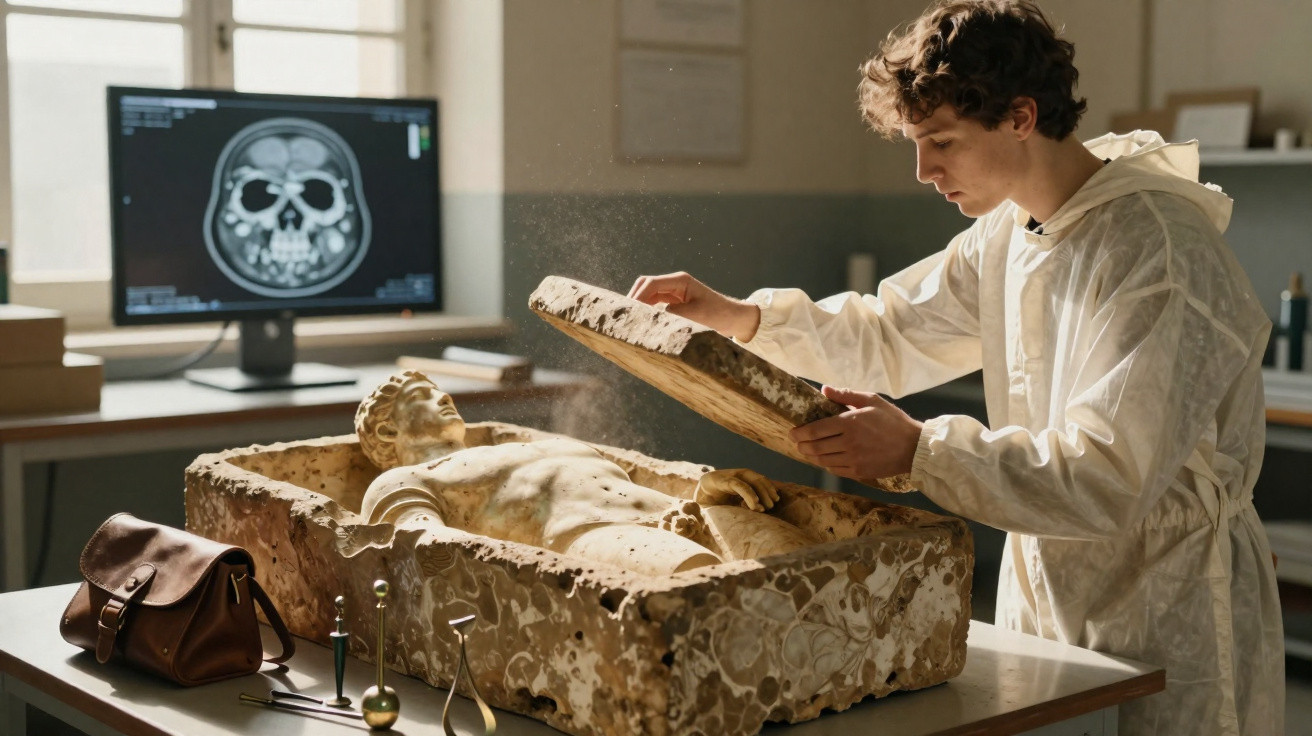 Conservator wearing protective clothing carefully cleaning an ancient marble statue from its stone sarcophagus.