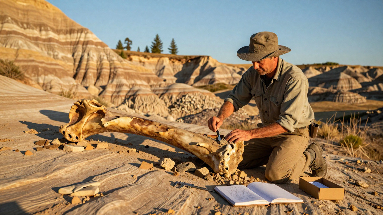 Archaeologist examining and cleaning a large fossilised bone in a rocky desert landscape with notebooks nearby.