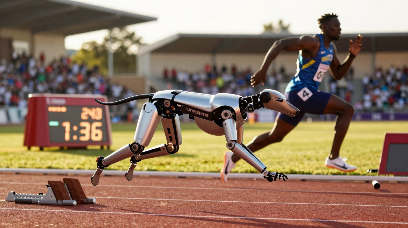 A robot dog and a male athlete sprinting on a running track during a race.