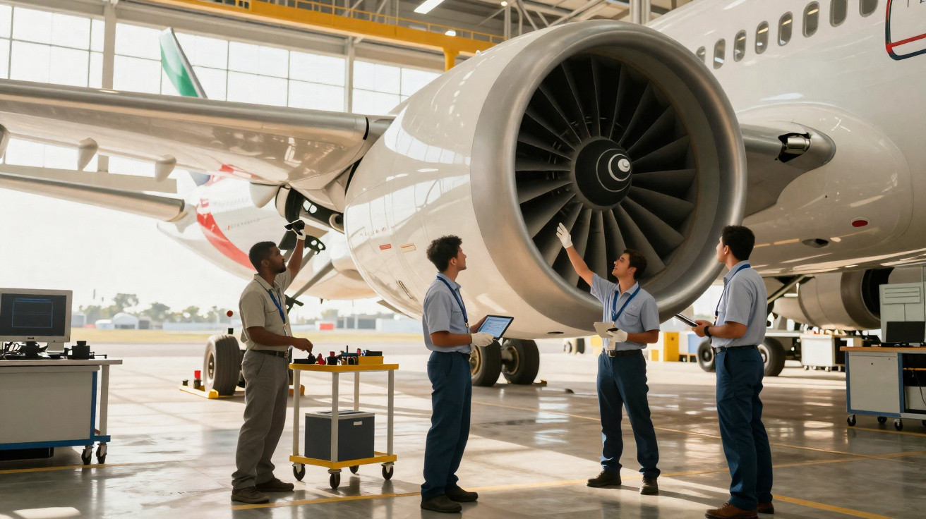 Four aviation mechanics inspecting and discussing a large airplane engine in a spacious hangar.