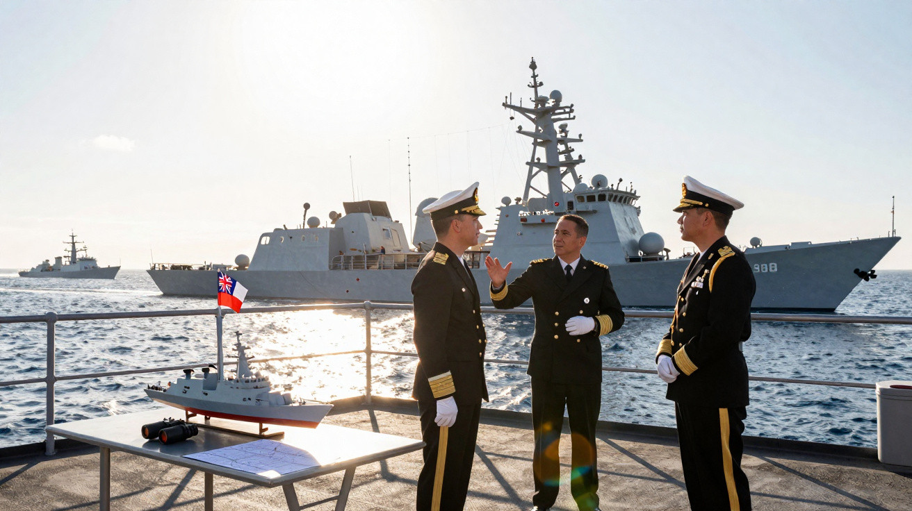 Three naval officers in uniform stand on a ship deck with warships and a model ship in the background at sea.