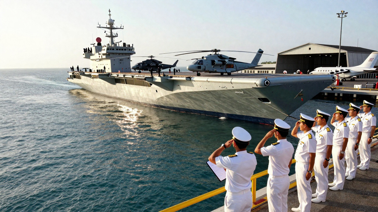 Naval officers in white uniforms salute a large military ship with helicopters on deck docked at port.
