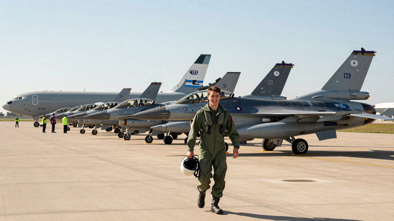 Smiling pilot in flight suit walks on runway with a line of military jets and a large aircraft in the background.