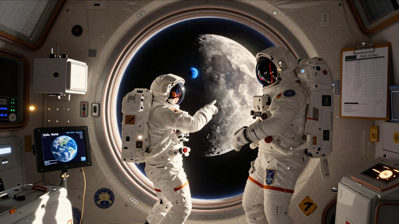 Two astronauts inside a spacecraft looking out a circular window at the Earth, Moon, and a distant planet.