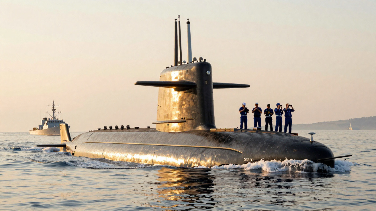 Navy crew standing on top of a black submarine cruising on calm sea during sunset with a warship in the background.