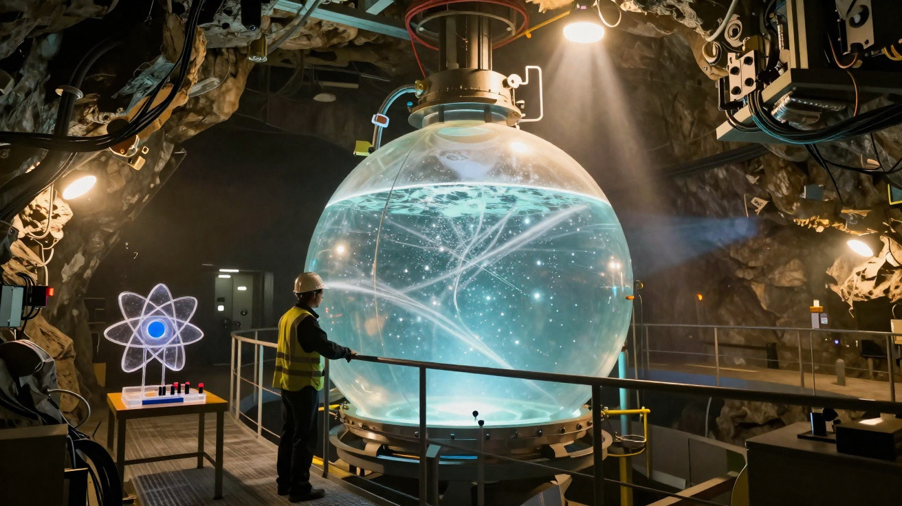 Scientist in safety gear observes a large glowing spherical apparatus with blue light inside an underground lab.