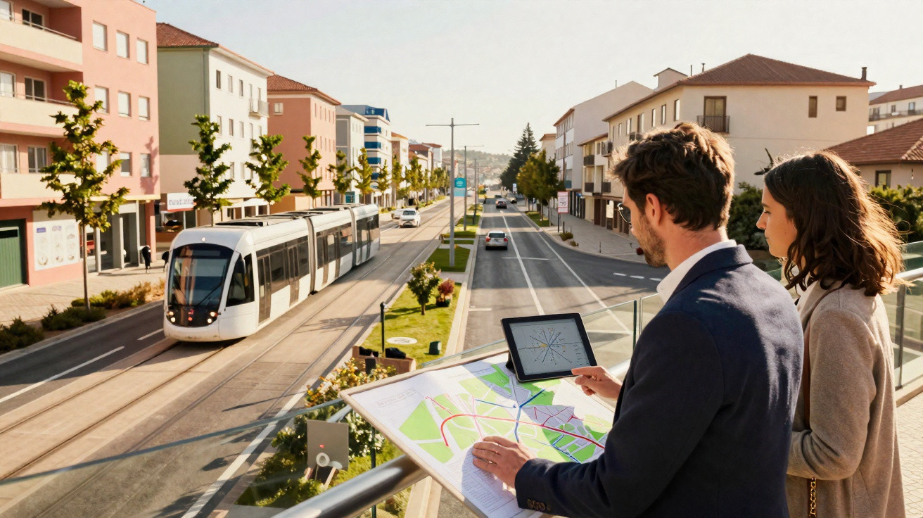 Two people studying a map and tablet on a balcony overlooking a tram and street in a sunny urban area.
