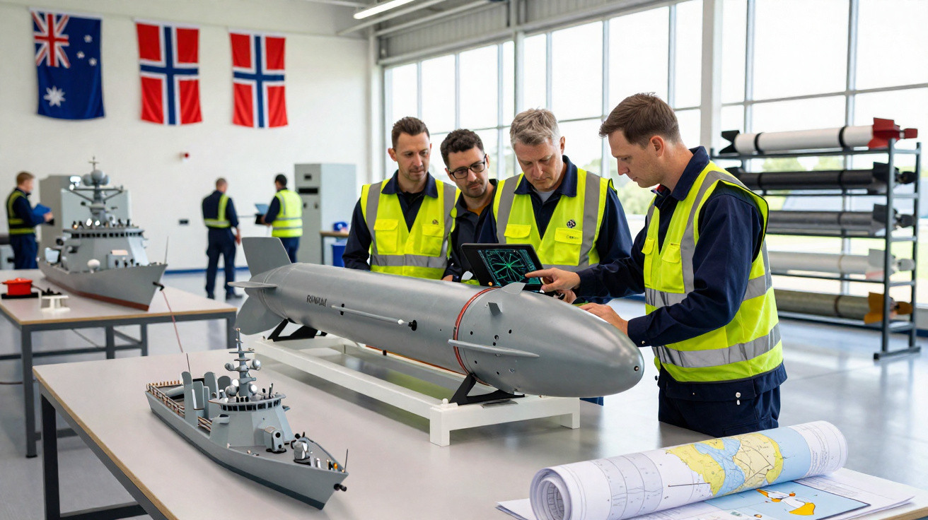 Engineers in high-visibility vests examining a model submarine and naval ships inside a bright workspace.