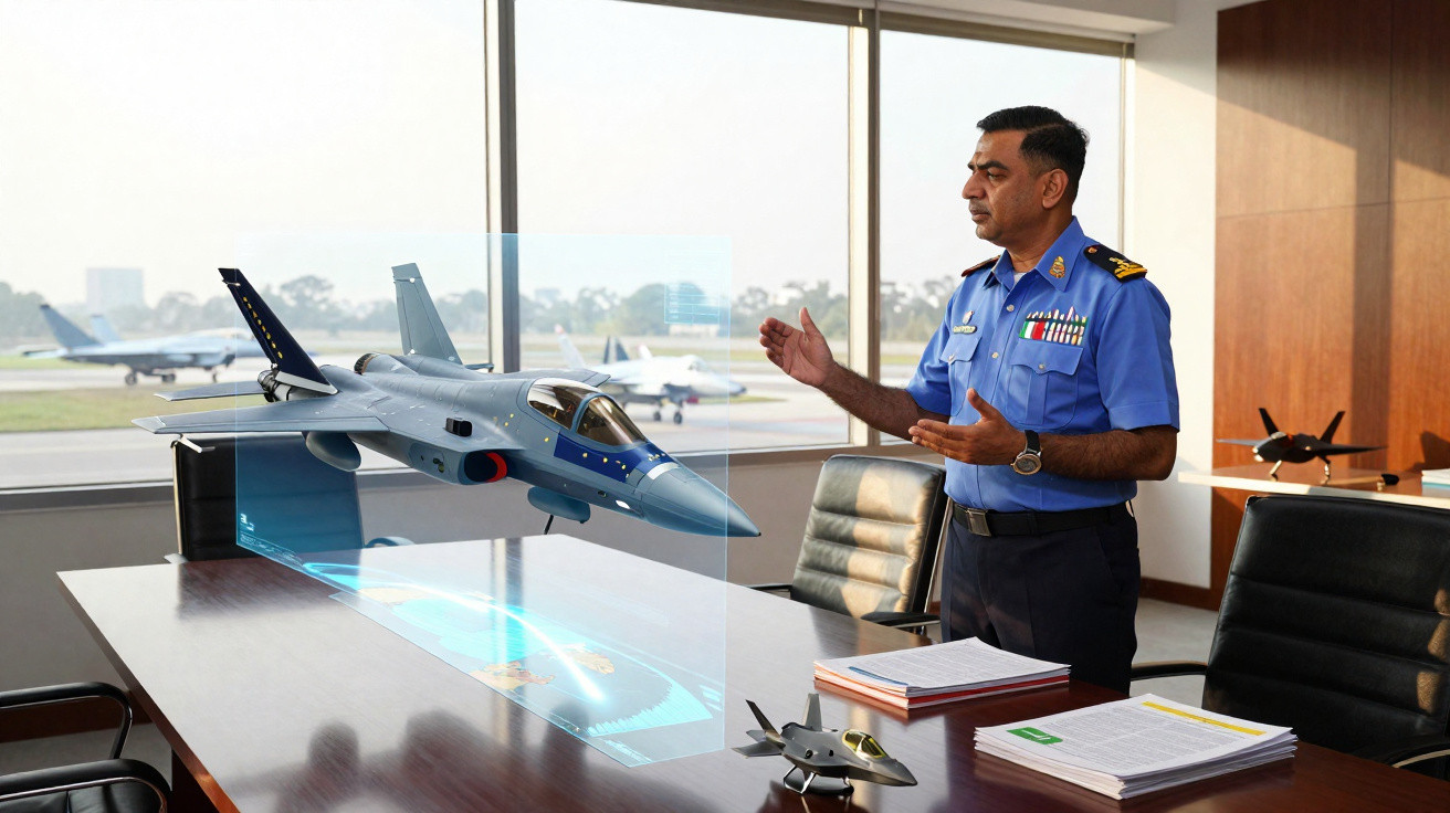 Military officer in blue uniform presenting a holographic model of a fighter jet in an office.