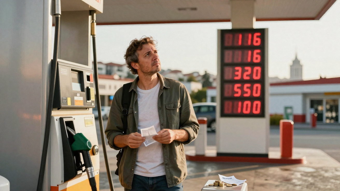 Man checks receipt at petrol station with fuel prices displayed in the background on a sunny day