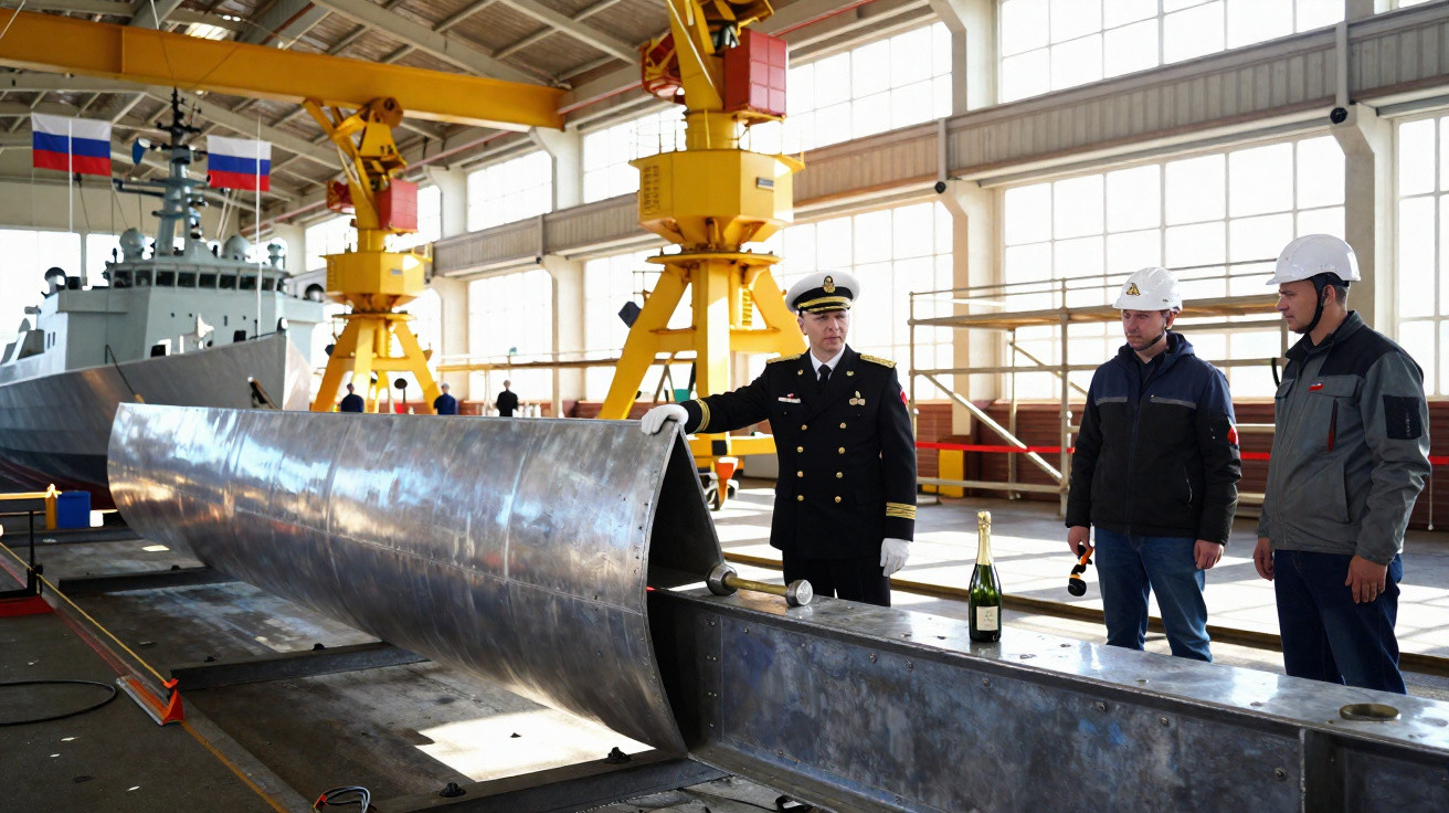 Naval officer and two workers inspect a large metal beam in a shipyard with a warship and cranes in the background.