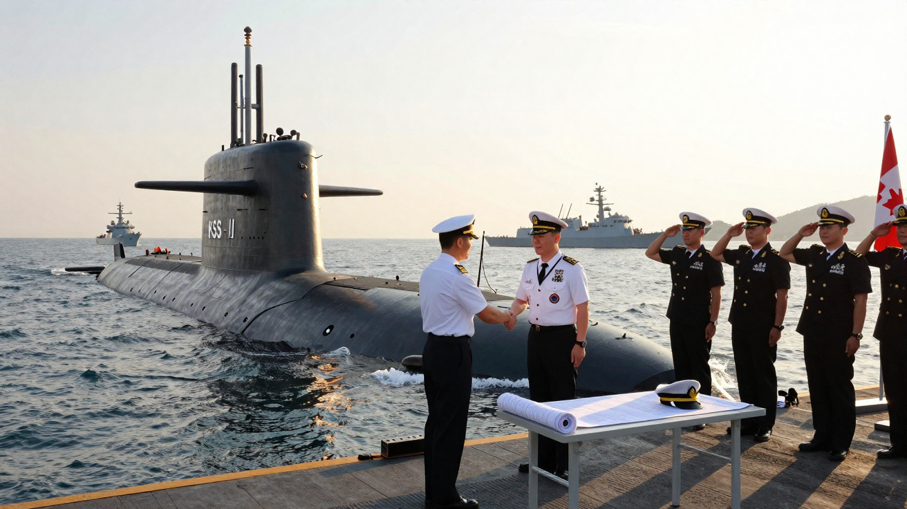 Naval officers shaking hands on a dock beside a submarine with crew saluting and warships in the background.