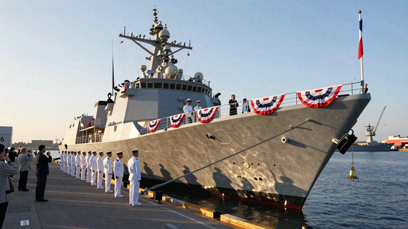 Navy personnel in white uniforms lined up beside a decorated warship docked at harbour during sunset.