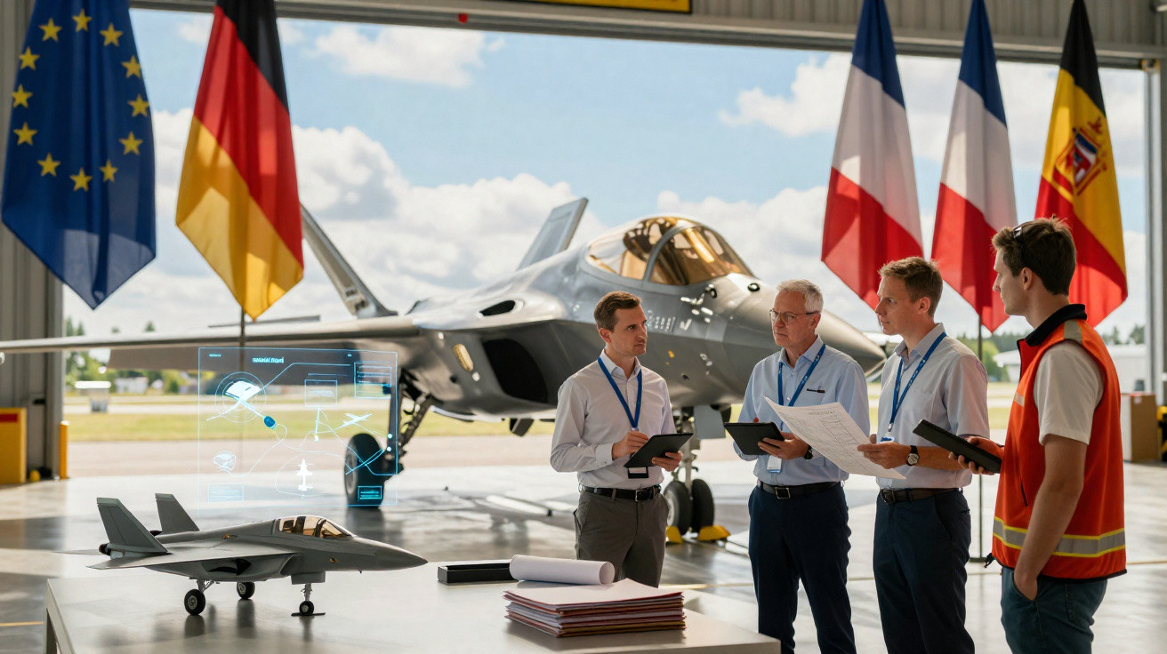 Engineers discussing next to a fighter jet and model aircraft with European and national flags in the background.