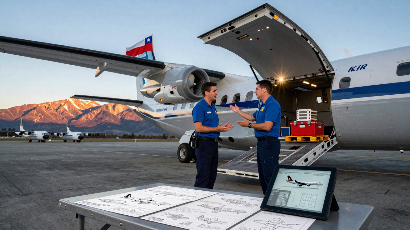 Two men in blue uniforms discuss near an open cargo plane with mountains and aircraft in the background.