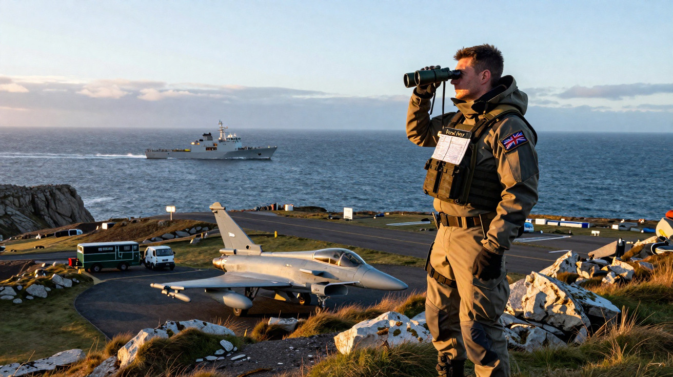 Military personnel with binoculars overlooking a fighter jet, naval ship, and coastline at sunset.