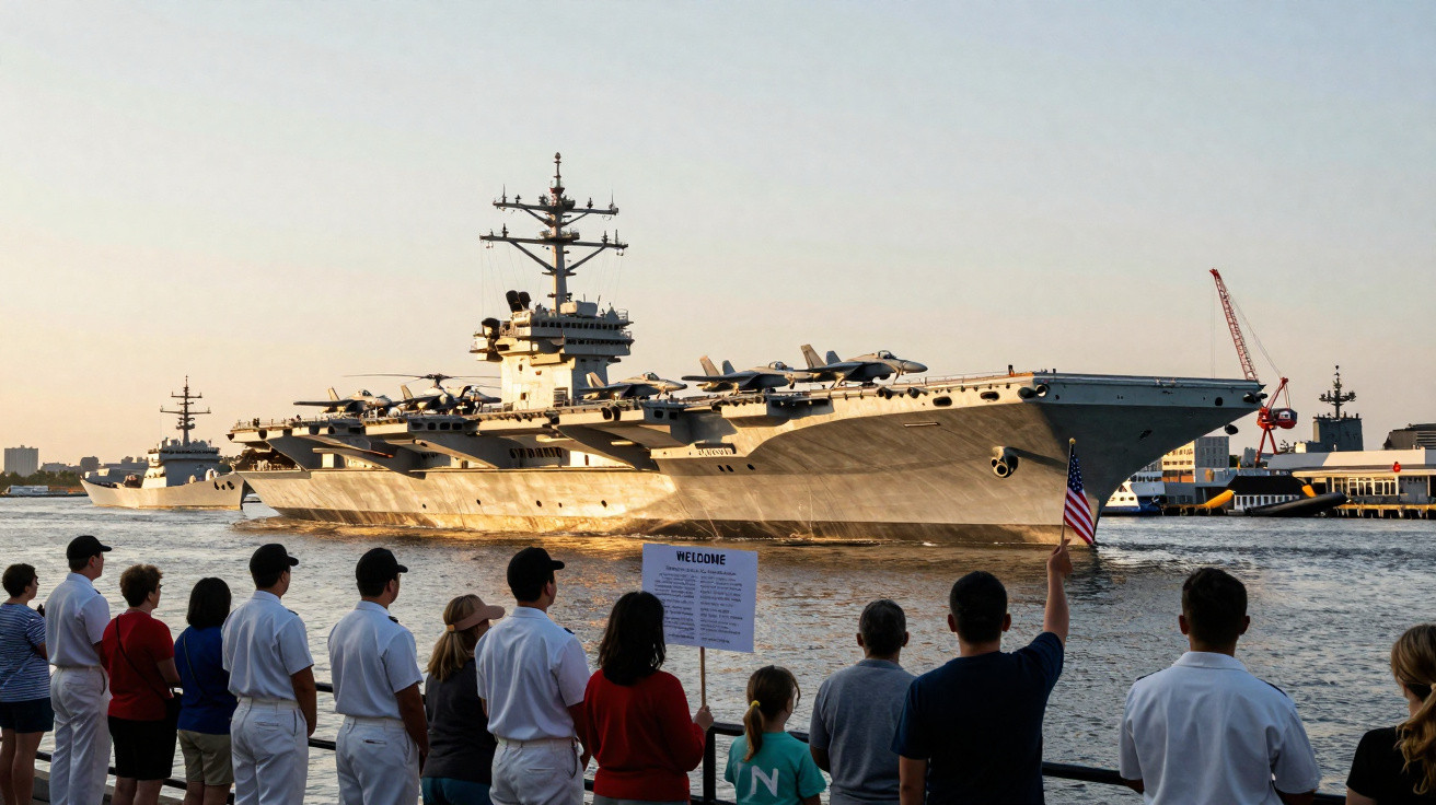 Crowd watches a large aircraft carrier docked near the shore with multiple fighter jets on its deck at sunset.