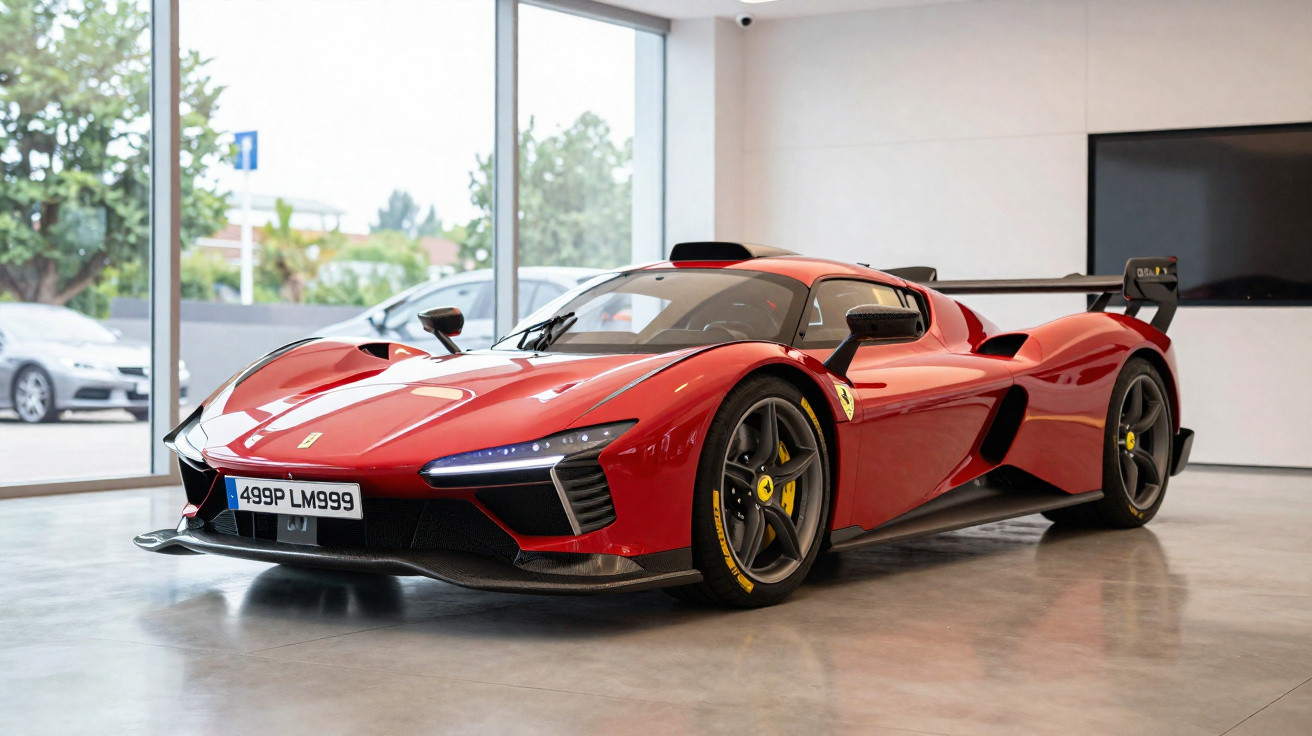 Red Ferrari sports car with sleek design parked inside a showroom with large windows and polished floor.