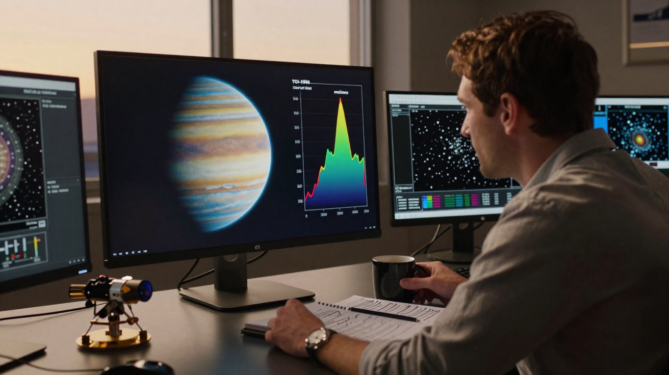 Scientist analysing space data and planetary images on multiple computer monitors in a lab.