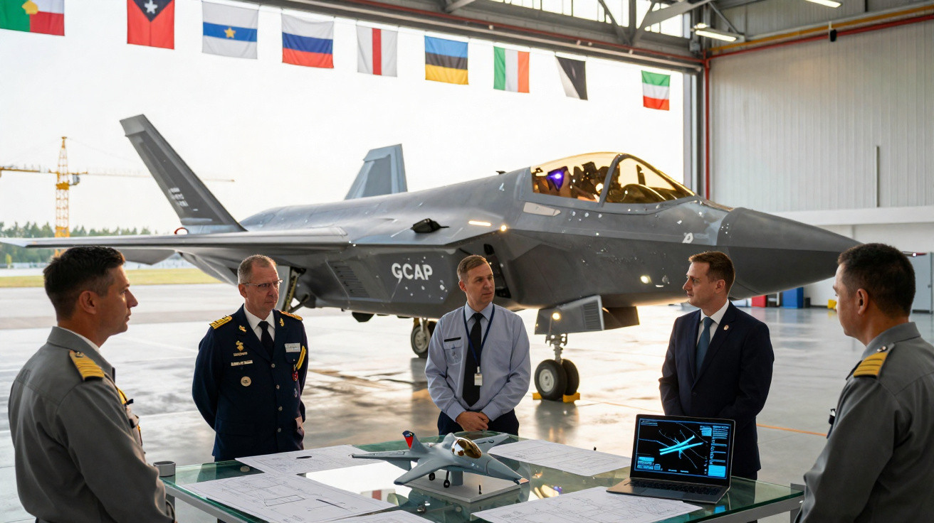 Military officers and officials discussing near a fighter jet and model aircraft inside a hangar with flags above.