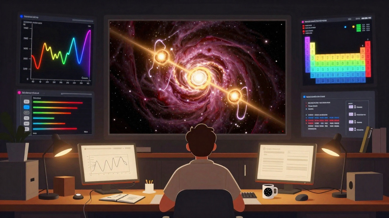 Person viewing a cosmic galaxy and multiple data charts on six screens in a dark, modern control room.
