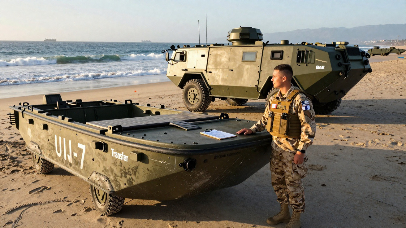 Military personnel standing next to amphibious vehicle and small boat on a sandy beach by the sea.