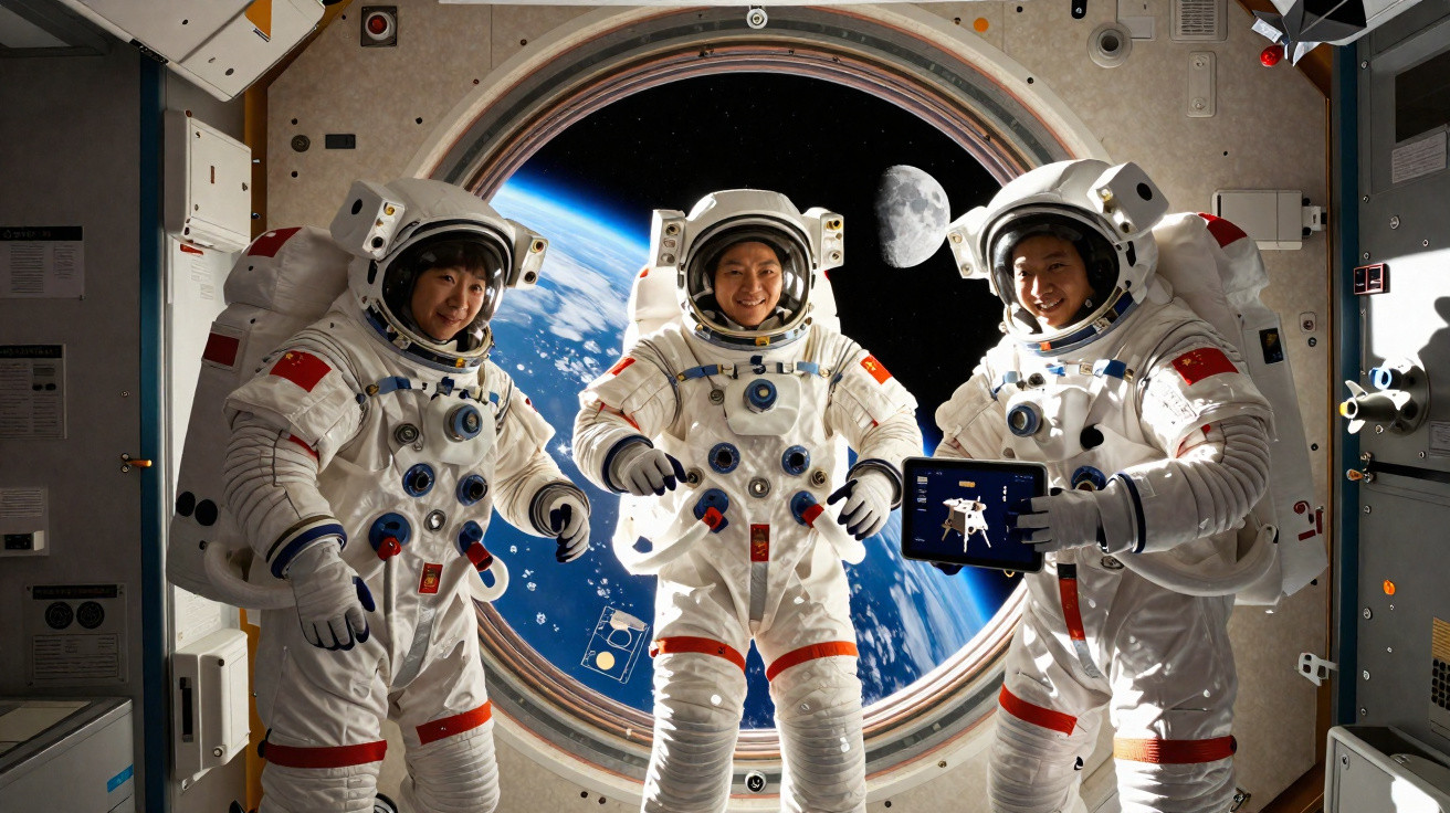 Three astronauts in space suits inside a spacecraft with Earth and the Moon visible through a round window.