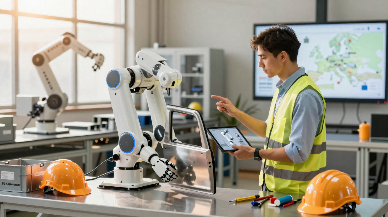 Engineer in high-visibility vest using tablet to operate robotic arm assembling car door in modern workshop.