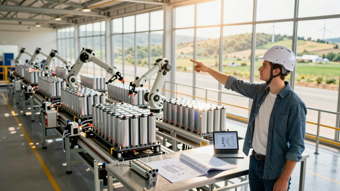 Engineer in safety helmet pointing at robotic arms assembling metal battery cells in a bright factory.