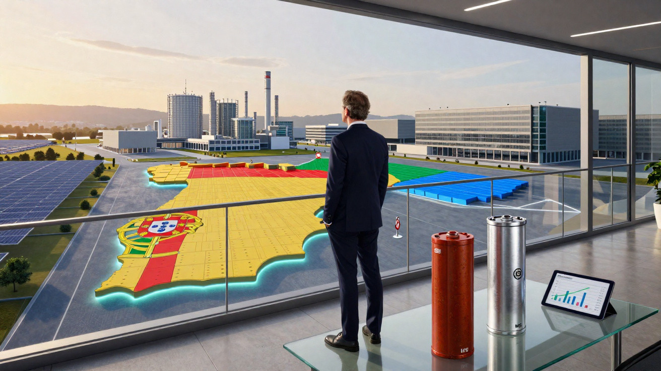 Man in suit overlooking a large coloured map of Portugal with industrial buildings and solar panels outside a modern office w
