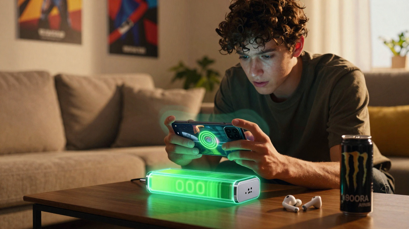 Young man playing a game on a smartphone with a glowing green device on the table in a living room.